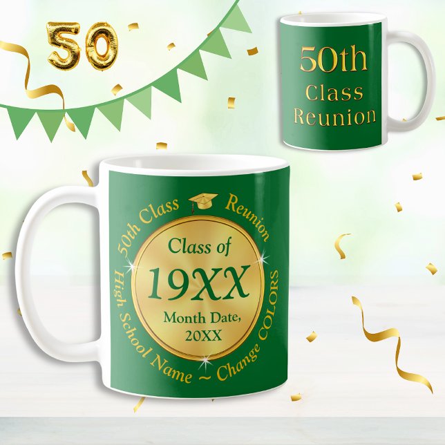 Mug Vert et Or, 50e Classe Idées Cadeaux de Réunion, (50th class reunion souvenirs. Great, Class of 1974. ANY YEAR, 50th class reunion gifts. Green Gold.)