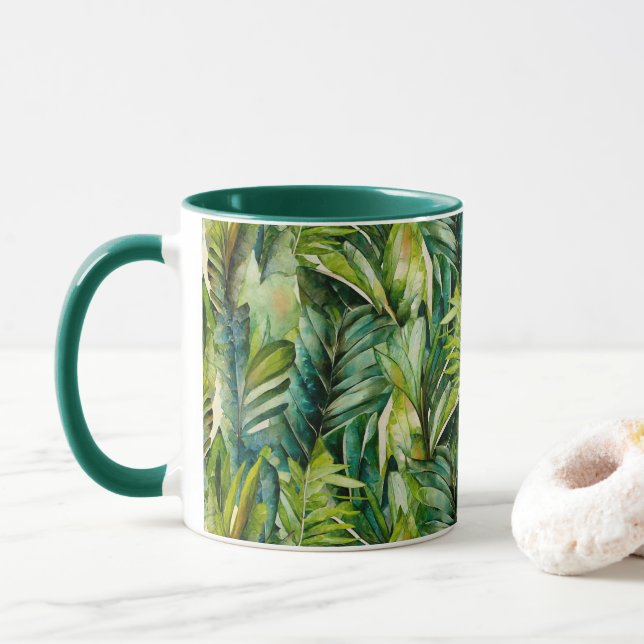 Mug Vert et Turquoise Aquarelle Tropical Palm Feuille (Avec donut)