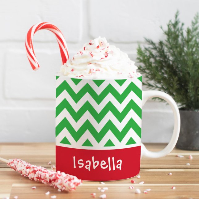 Mug Vert festif chevron Noël nom personnalisé (Créateur téléchargé)