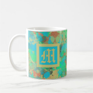 Mug Vert, jaune et bleu gouttes abstrait monogramme
