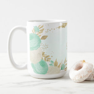Mug vert menthe fleurs blanches or floral mariage