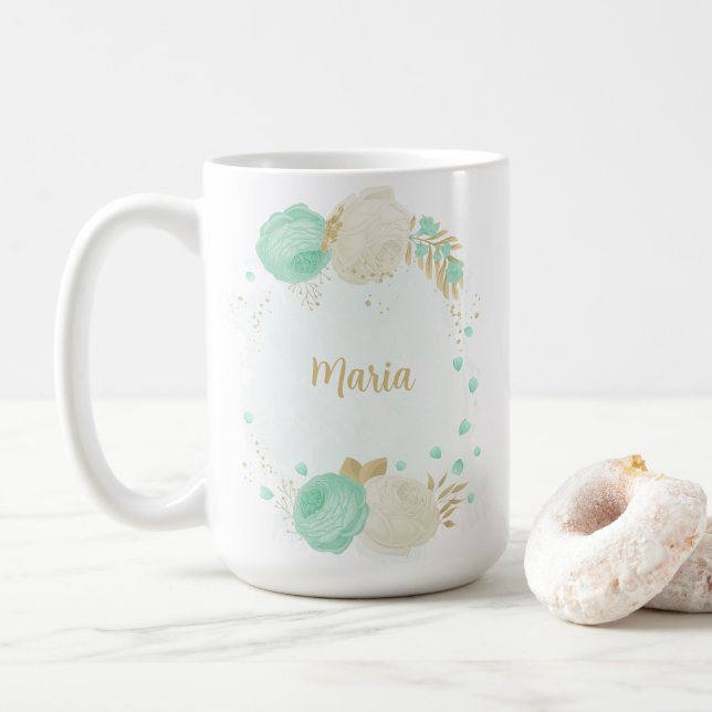 Mug vert menthe fleurs blanches or floral mariage (Avec donut)