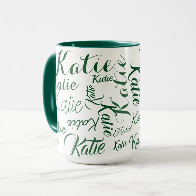 Mug vert moderne sur blanc noms manuscrits (Devant gauche)