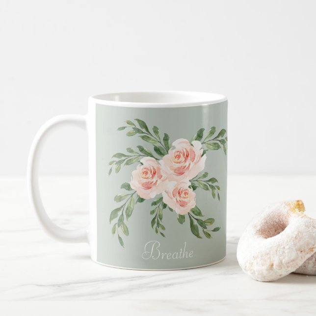 Mug Vert sauge Blush Respirer Typographie aquarelle (Avec donut)