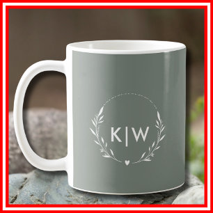 Mug Vert sauge et blanc Monogramme initiales moderne