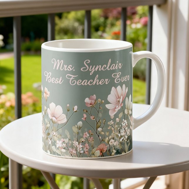 Mug Vert sauge Floral Printemps Professeur Écriture Él (Créateur téléchargé)