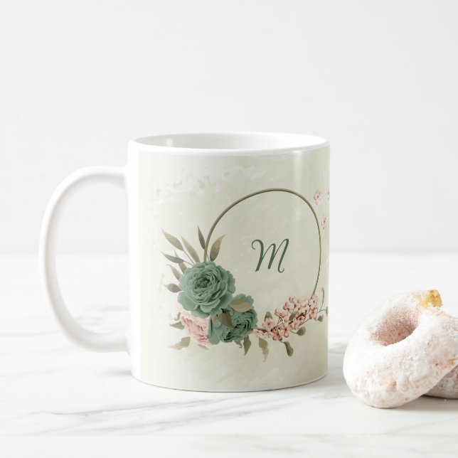 Mug vert sauge floral rose blush  (Avec donut)
