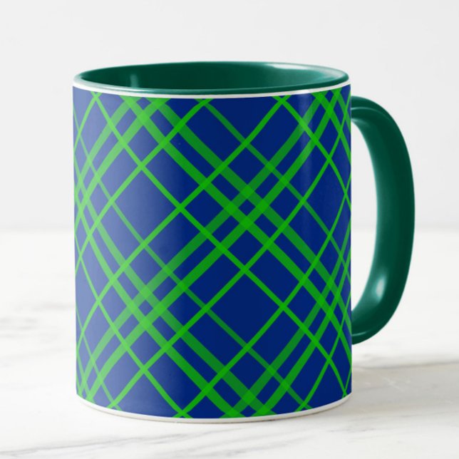 Mug Vert Sur Bleu Tartan Plaid Design Motif (Créateur téléchargé)