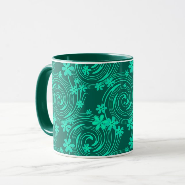 Mug vert turquoise motif floral clair (Devant gauche)
