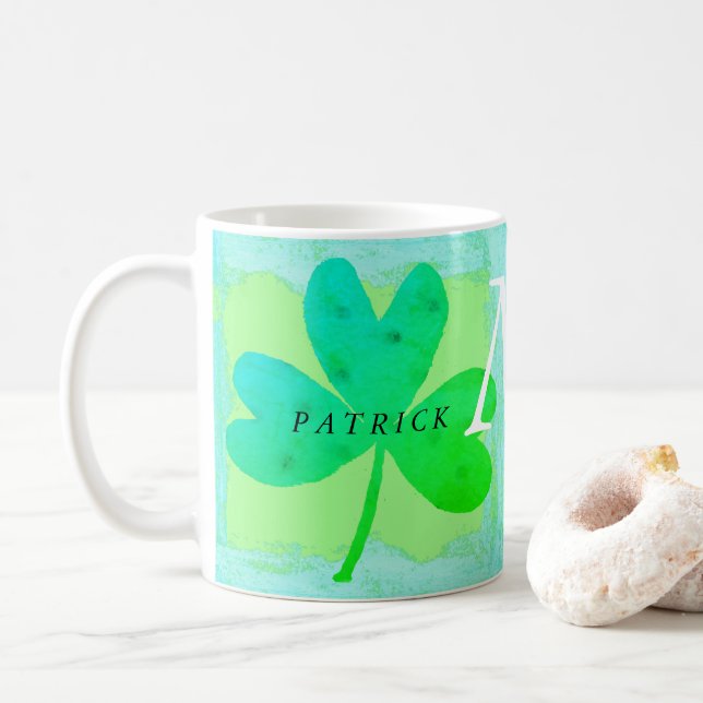 Mug Verte Lucky Trois feuilles de trèfle Monogramme (Avec donut)