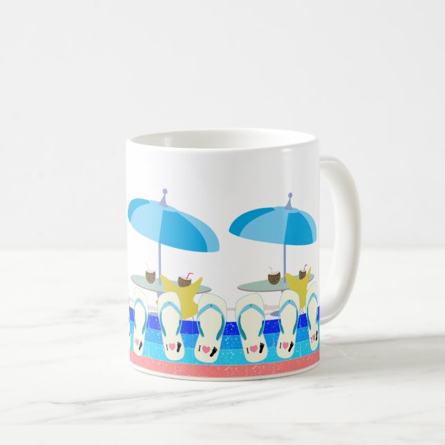 Mug Vibes de plage d'été : Chaussons et parapluie amus (Devant droit)