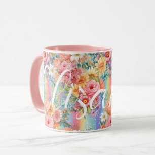 Mug Vibes positives Arcs-en-ciel brillants Floraux Nom