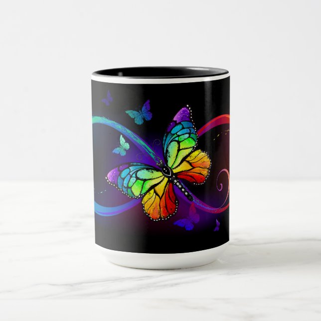 Mug Vibrant infinity with rainbow butterfly on black (Centre)