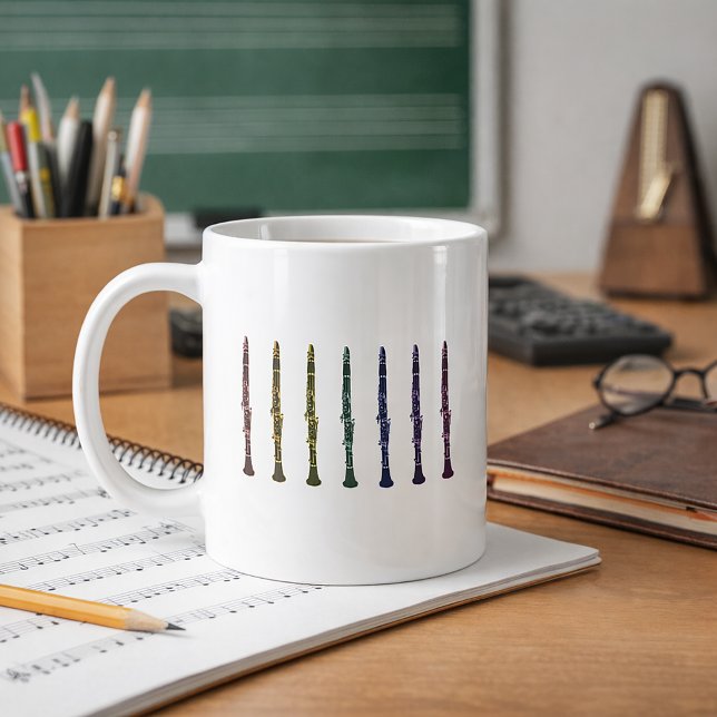 Mug Vibrant Rainbow Clarinet Art Orchestra Band Music (A mug with a line up of clarinets in red, orange, yellow, green, blue, purple and pink.)