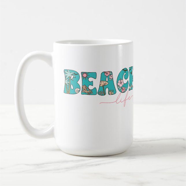 MUG VIE DE PLAGE ROSE ET VERTE DIRE (Gauche)
