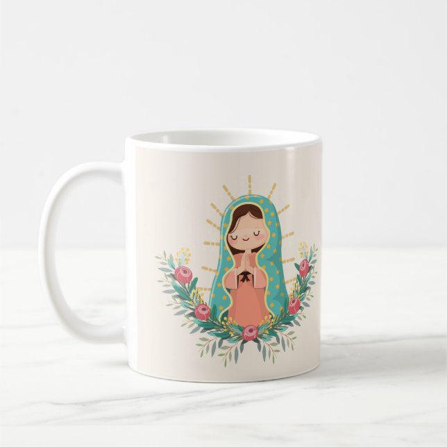 Mug Vierge de Guadalupe kawaii avec fleur et prière (Gauche)