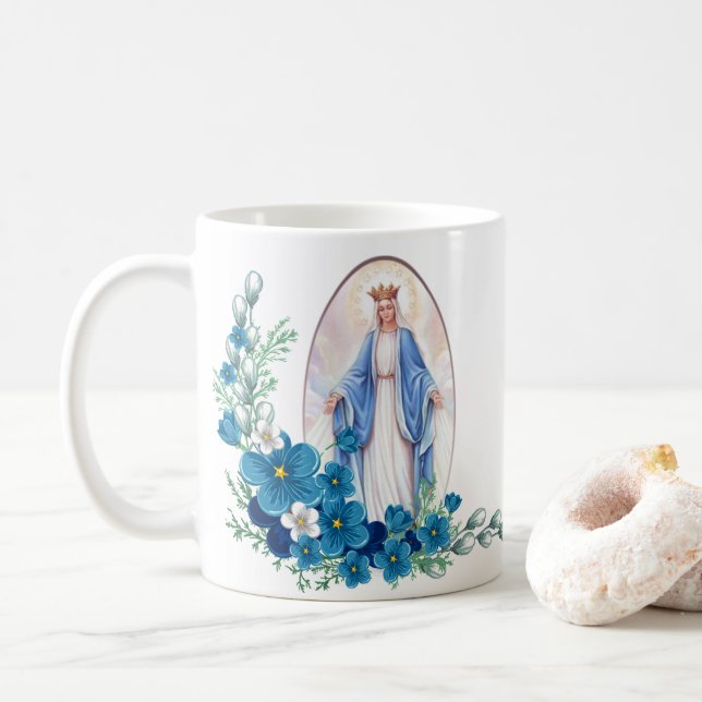 Mug Vierge Marie béni fleurit la prière de Memorare (Avec donut)