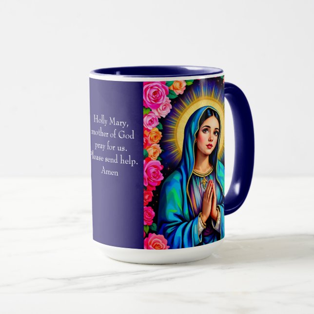 Mug Vierge Marie Prière Rose Floral Blue Café (Devant droit)
