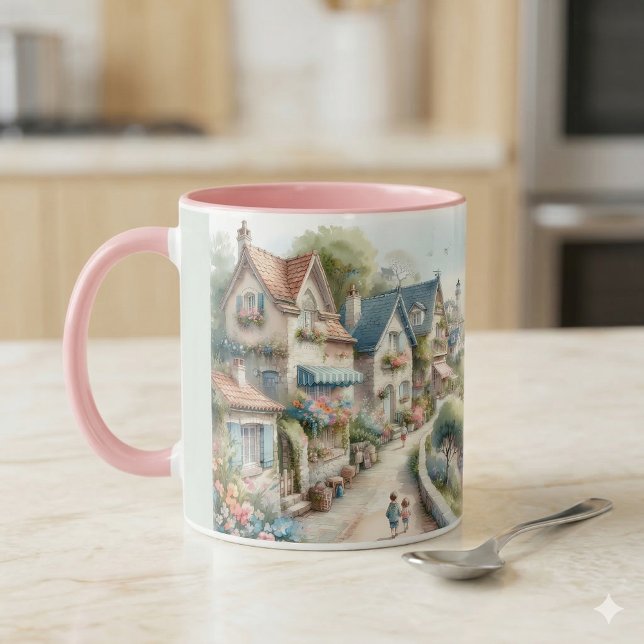 Mug Village de cottage côtier pastel Évasion (Pastel Coastal Cottage Village Escape Mug on Kitchen Counter)