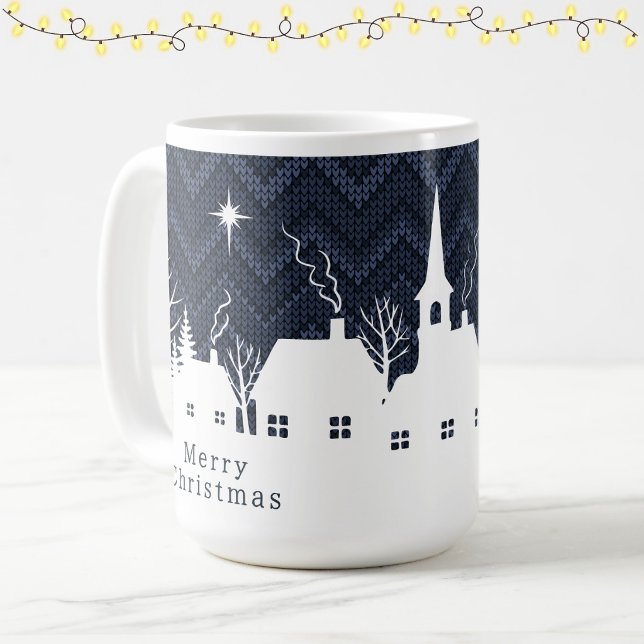 Mug Village de Noël rustique bleu en tricot chevron  (Créateur téléchargé)