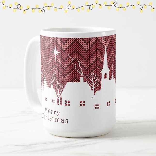 Mug Village de Noël rustique rose en chevron tricoté  (Créateur téléchargé)