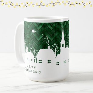 Mug Village de Noël rustique vert Chevron tricoté 