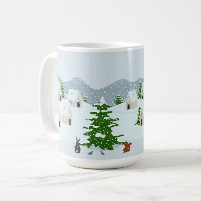 Mug Village d'hiver avec neige, lapin, écureuil et pin (Devant gauche)
