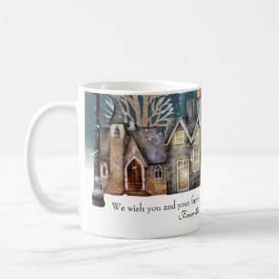 Mug Village d'hiver douillet la nuit avec neige tomban