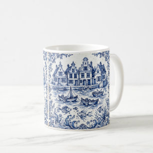 Mug Ville de Delft & Port de Pêche Bleu Cobalt Blanc
