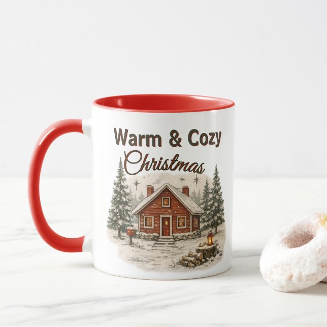Mug Vintage Americana Noël Cabane Rustique Fêtes  (Avec donut)
