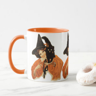 Mug Vintage Beautiful Witch with Black Cat On Shoulder