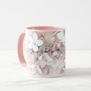 Mug Vintage blanc cerisier rose en fleur dessin minima
