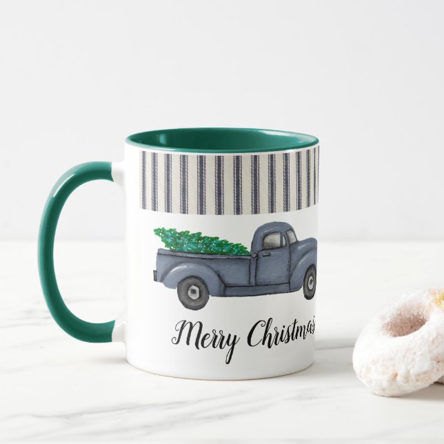 Mug Vintage Bleu Arbre de Noël Camion Musique (Avec donut)
