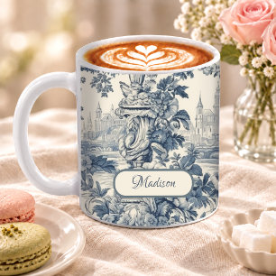 Mug Vintage Bleu Floral Toile de Jouy Monogramme