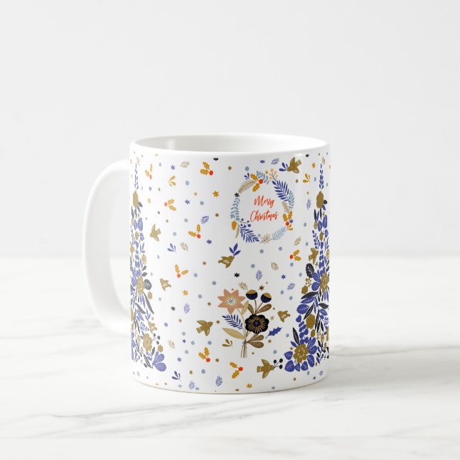 Mug Vintage bleu Noël Oiseau Fleurs Arbre (Devant gauche)