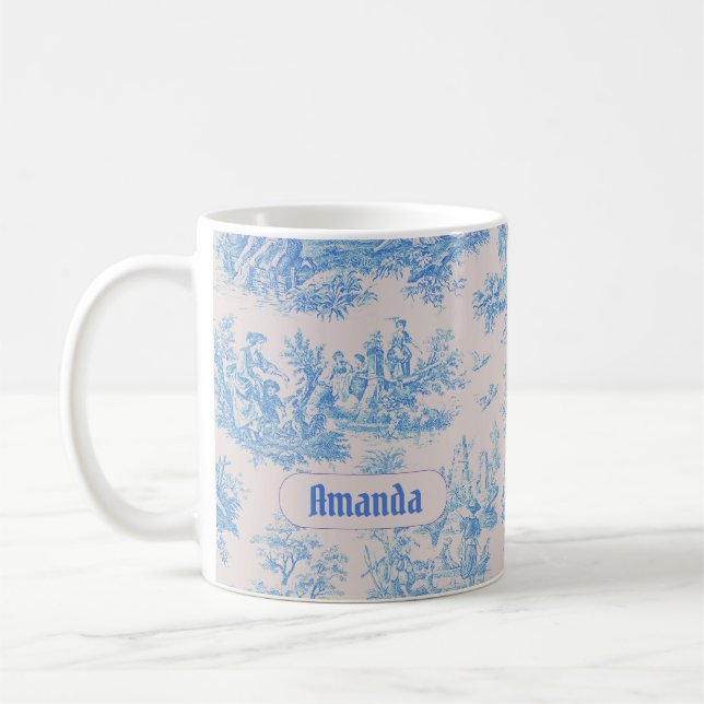 Mug Vintage bleu turquoise toile jouy monogramme (Gauche)
