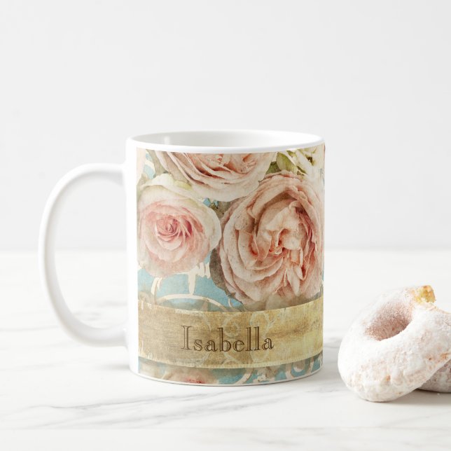 Mug Vintage Blush rose Hirloom Roses Floral Damask (Avec donut)
