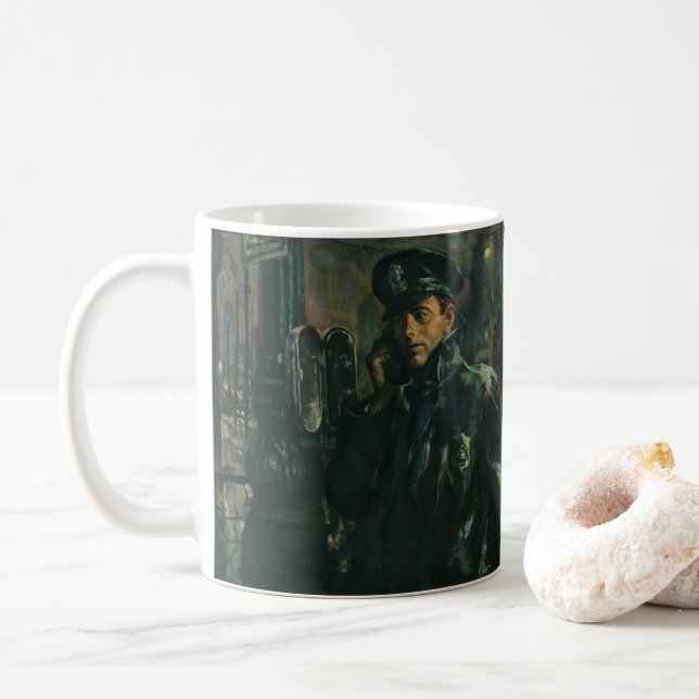 Mug Vintage Business, policier sur téléphone d'urgence (Avec donut)