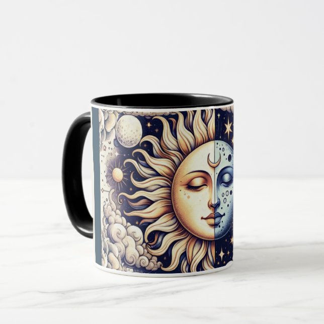 Mug Vintage Céleste Demi Soleil & Lune Bleu Jaune (Devant gauche)