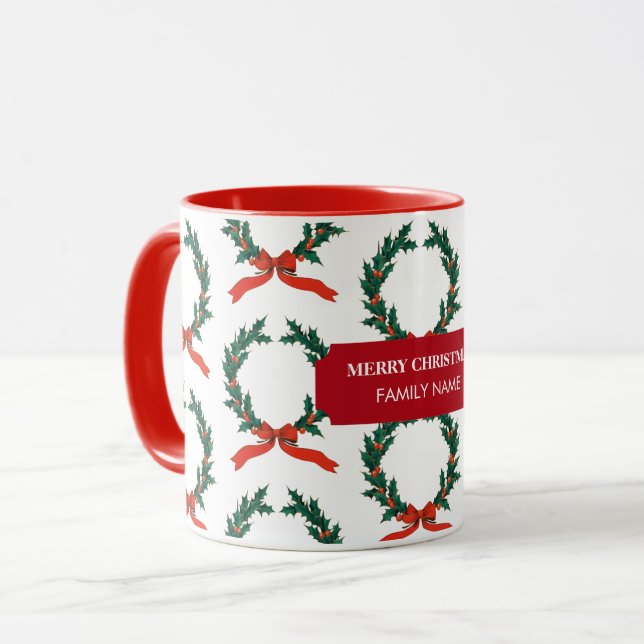Mug Vintage Christmas Berry Wreath Holiday Nom personn (Devant gauche)