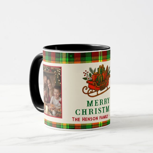 Mug Vintage Christmas Sledge Gifts Plaid 2 Photos (Devant gauche)