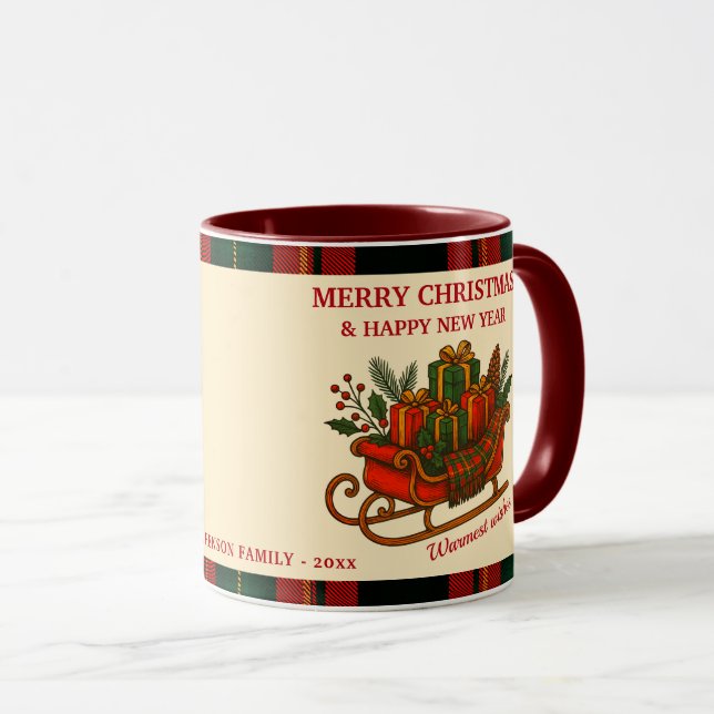 Mug Vintage Christmas Sleigh with Gifts and Plaid  (Devant droit)