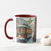 Vintage Christmas Tram in Snowy Town