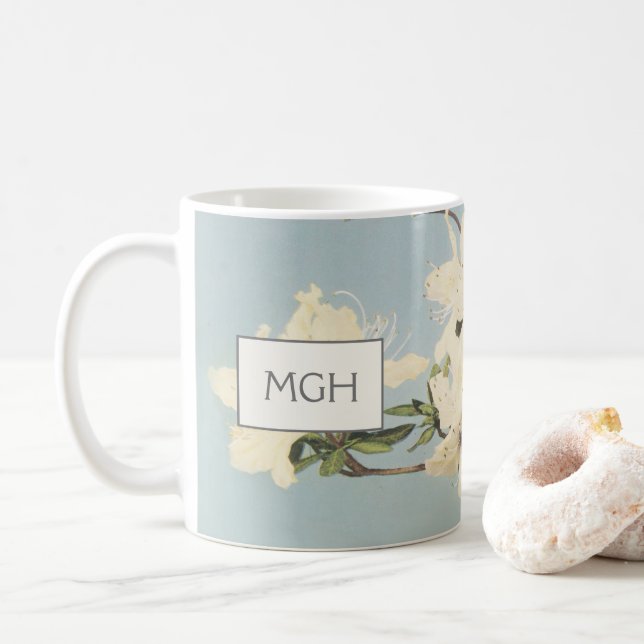 Mug Vintage Crème blanche Azalea Fleurs Monogramme (Avec donut)