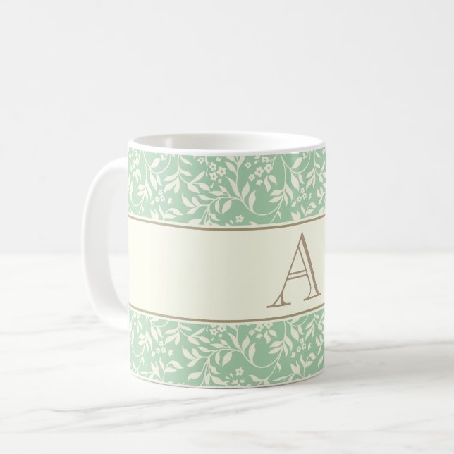 Mug Vintage Élégant Monogramme Floral Vert (Devant gauche)