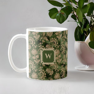 Mug Vintage Emerald Green Gold Damask avec Monogramme