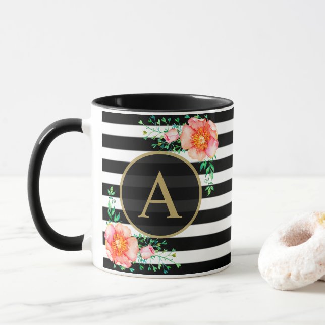 Mug Vintage Floral Or Monogramme noir blanc rayé (Avec donut)