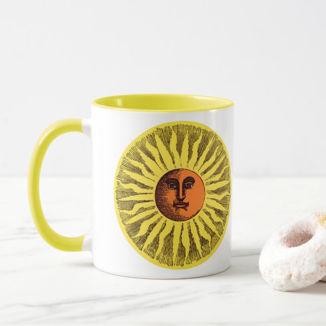 Mug Vintage jaune céleste souriant Joyeux soleil hippi (Avec donut)