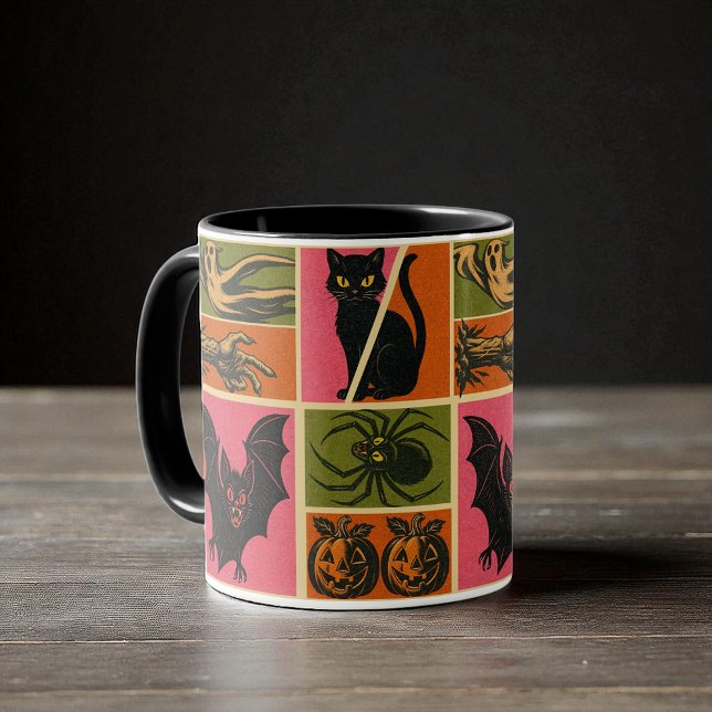 Mug Vintage Motif Halloween (Retro Halloween mug with black cats, bats, pumpkins, ghosts, spiders, and creepy hands in bold color)