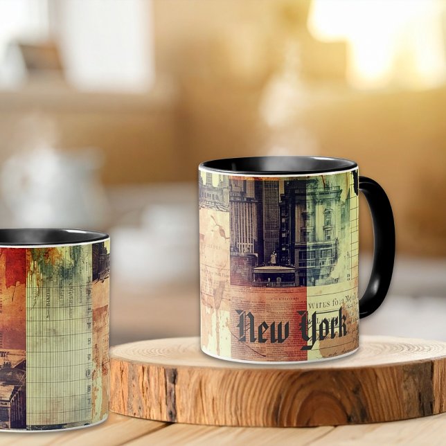 Mug Vintage New York Urban Collage Art (Vintage New York collage mug with sepia tones, aged textures, and timeless city nostalgia.)